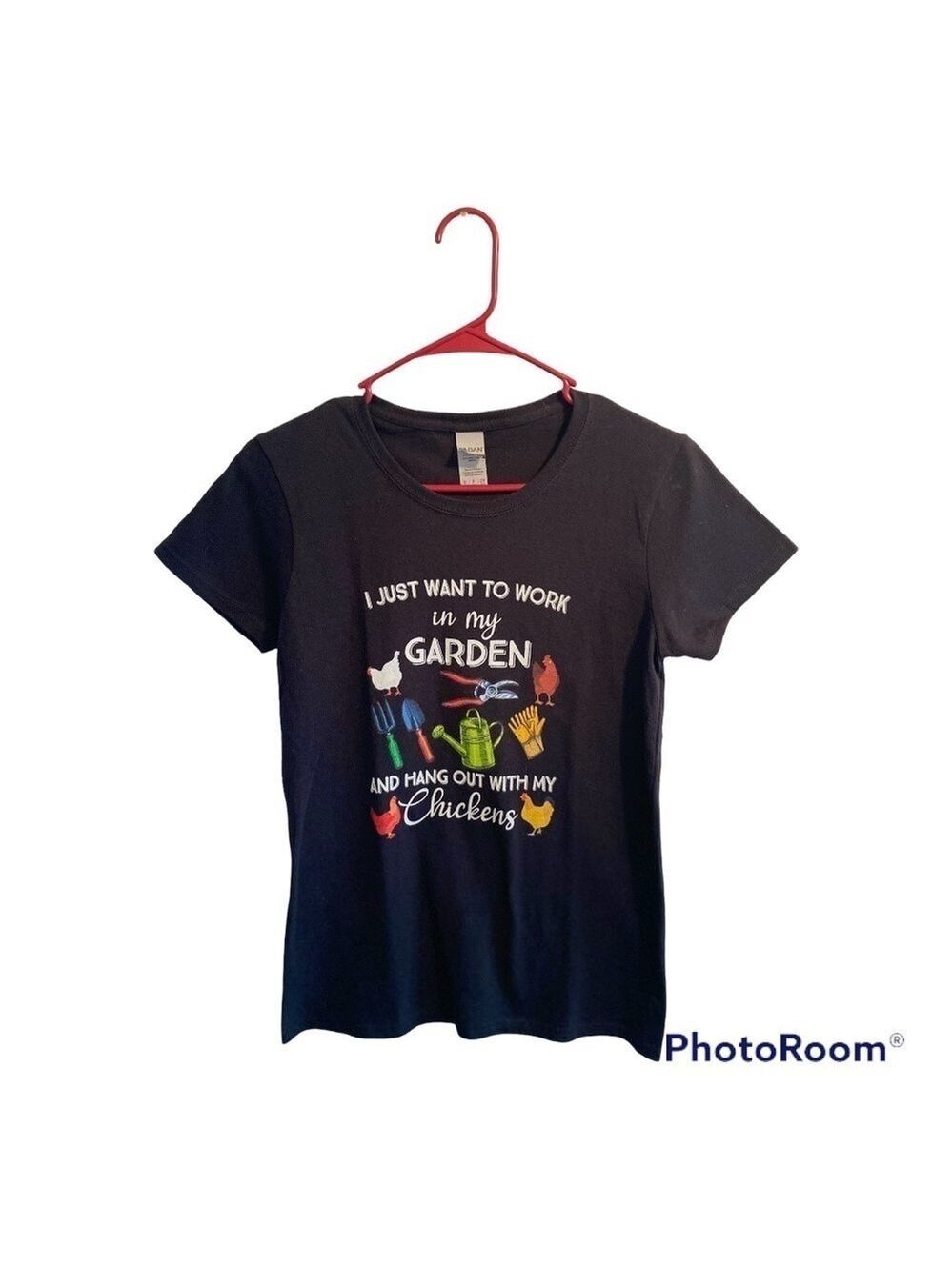 Chickens & Gardening Tee Shirt, Womens Small, Black, Farm Country Ranch